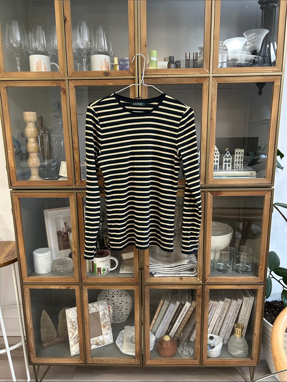 Ralph Lauren Black and Metallic Gold Striped Long Sleeve Top